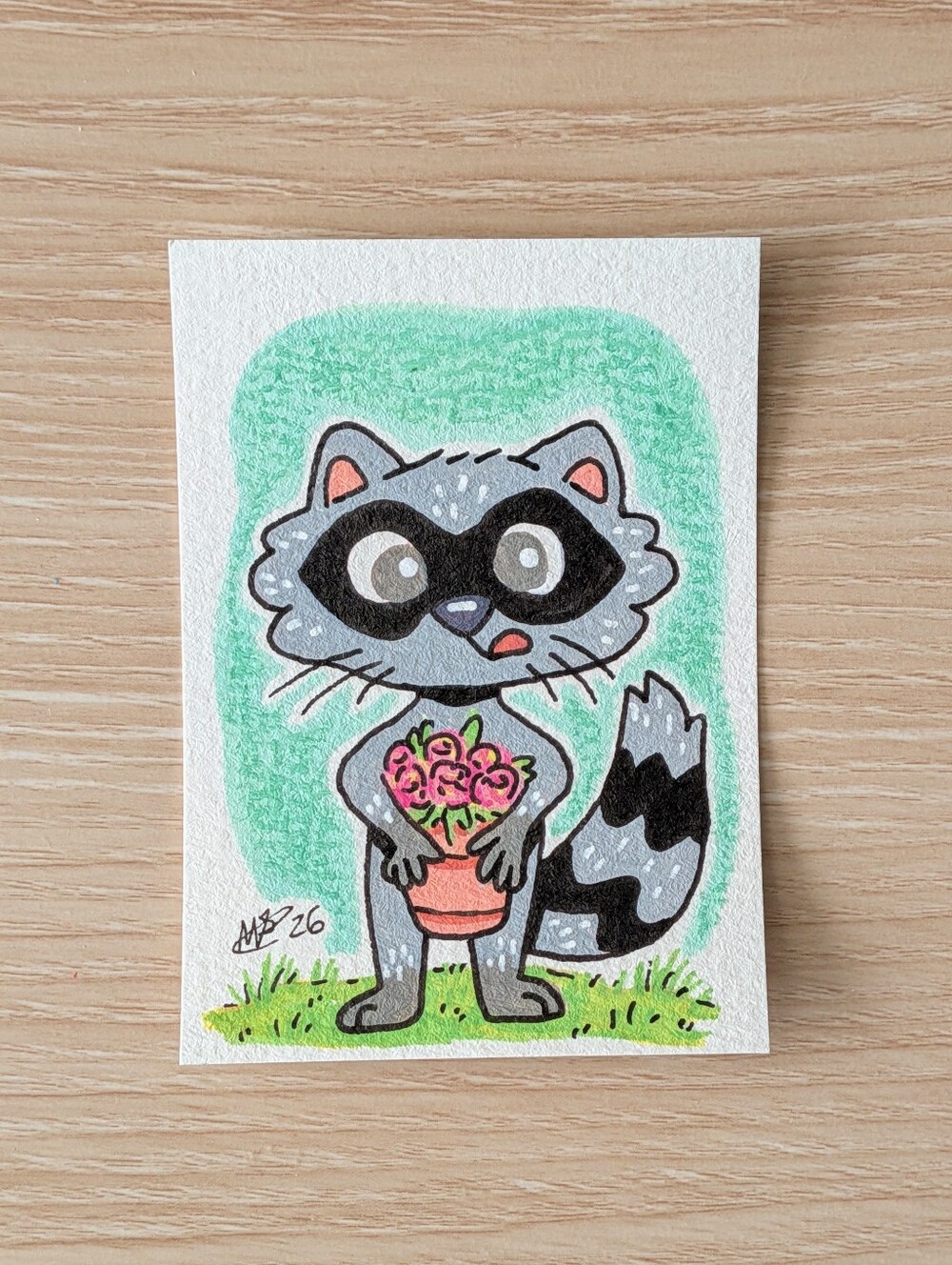 ACEO Original Cute Raccoon with Flower Pot Acrylic Marker Art Card By Mattoodles